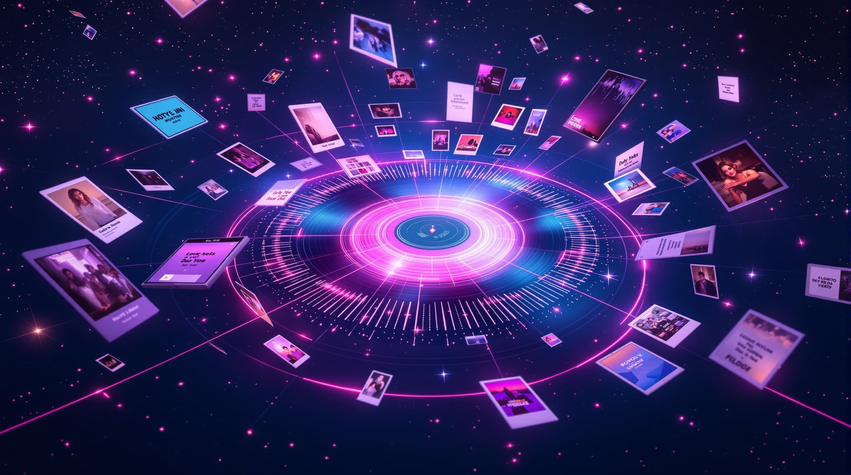 Music artist universe expanding outward from a track — photos, lyrics, tour dates, and catalog all connected